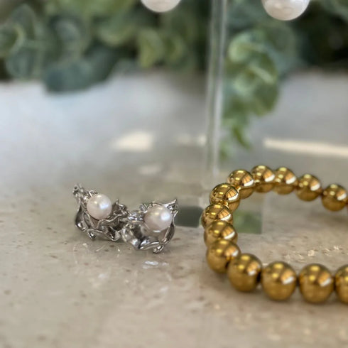 Earrings - Ruched Pearl Silver-Queen Of The Foxes-Matakana Pharmacy