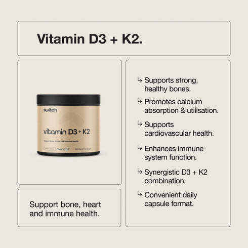 Switch Essentials Vitamin D3 & K2 60 Capsules-Switch Nutrition-Matakana Pharmacy