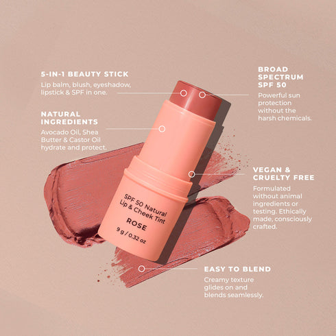 SPF 50 Natural Lip & Cheek Tint Rose 9g-Avocado Zinc-Matakana Pharmacy