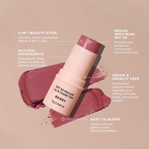 SPF 50 Natural Lip & Cheek Tint Berry 9g-Avocado Zinc-Matakana Pharmacy