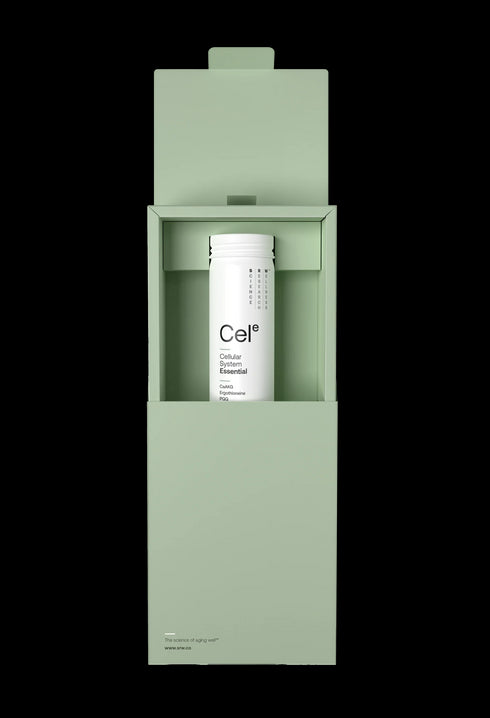 Premium packaging showcased opening to unveil the light aluminium bottle of CelE. Sustainability at its best.