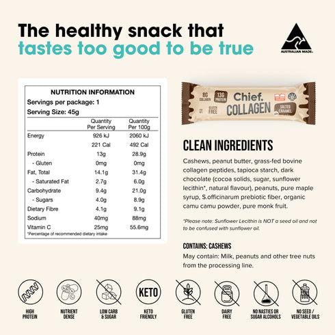 Collagen Protein Bar Choc Salted Caramel Box 12 x 45g-Chief-Matakana Pharmacy