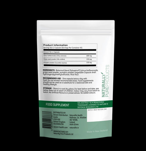 Ingredients in Salvestrol Platinum 90 Capsules include citrus bioflavanoids, grape seed powder and pumpkin powder