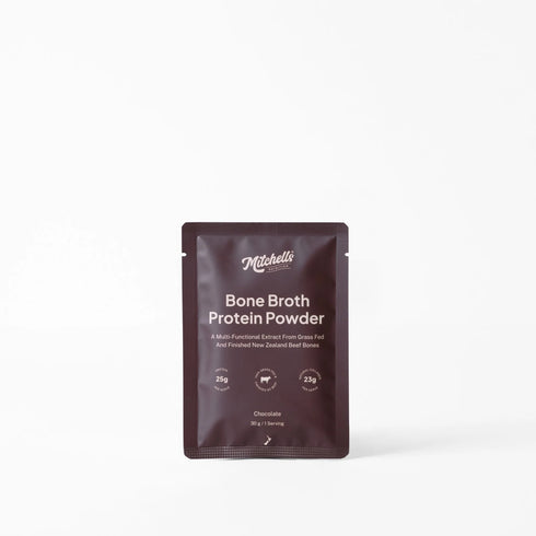 A single stand-up pouch of Mitchell's Bone Broth Protein Powder in Chocolate flavor, shown against a plain white background.