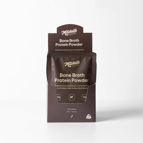 Mitchell's Bone Broth Protein Powder in Chocolate flavor, shown in its original dark brown packaging against a clean white background.