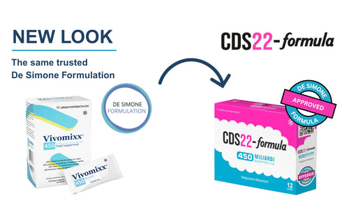 Comparison of Vivomixx and CDS22-formula packaging with branding elements.
