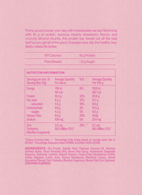 Betty Strawberry Cheesecake Protein Bar nutrition information panel and ingredients