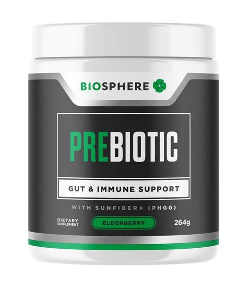 Image of the black and white bottle of prebiotic powder elderberry flavour by Biosphere