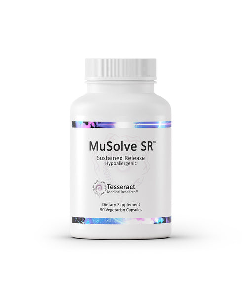 Image of MuSolve supplement by Tesseract. Supports mucus resolving in a powerful way for those susceptible to respiratory issues.