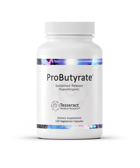 Image of ProButyrate by Tesseract 120 capsule bottle. This supplement delivers a highly absorbed form of Butyrate to assist with gut inflammation and rebalancing the gut microbiome.