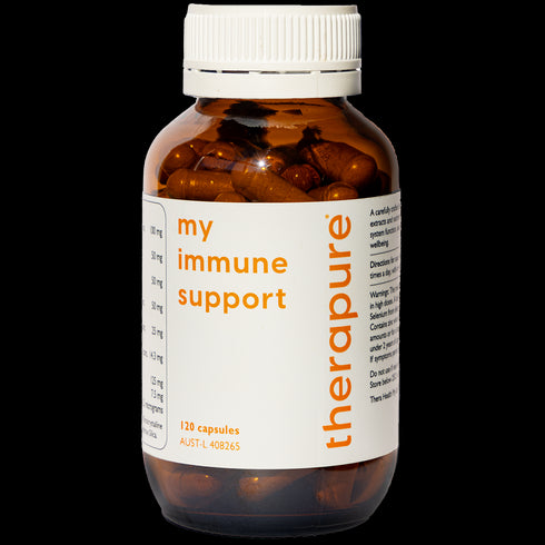 Image of glass bottle with white label of the Therapure my immune support 120caps