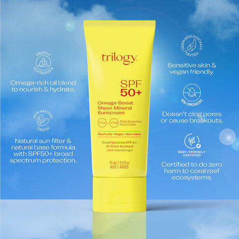 Benefits of TRILOGY Omega Boost Sheer Mineral Sun Screen SPF50+ 75ml