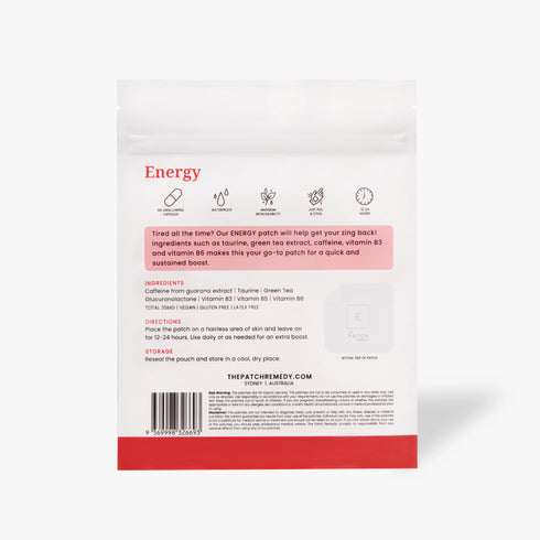 Image of back of the Energy Patch pack of 30