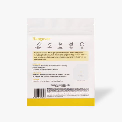 Image of back of the pack of Hangover patches