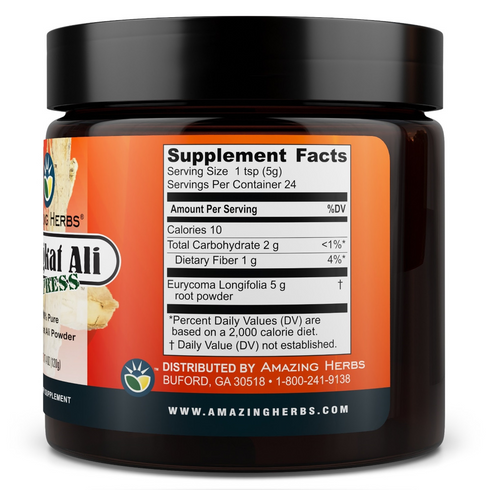 Image of the supplement facts on the side of Tongkat Ali Express 100% Raw Powder 120g