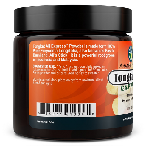 Image of the side of the container showing suggested use of Tongkat Ali Express 100% Raw Powder 120g