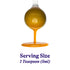 Spoon with yellow liquid and text indicating serving size on a white background