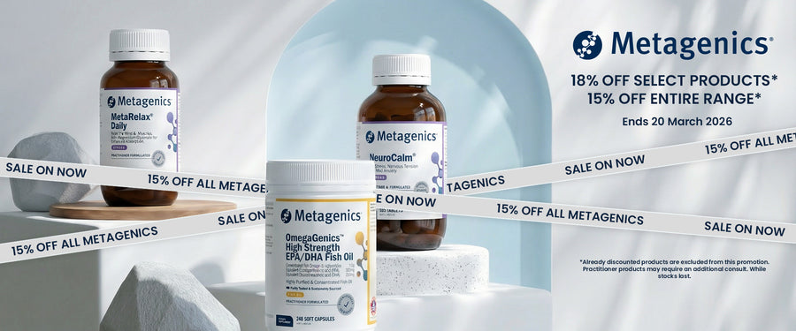 Metagenics supplement bottles with promotional banners on a light gray background