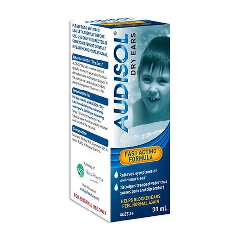 Audisol Dry Ears 30ml spray, blue and white carton, front of pack