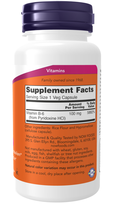 Image of Vitamin B6 100mg 100caps supplement facts
