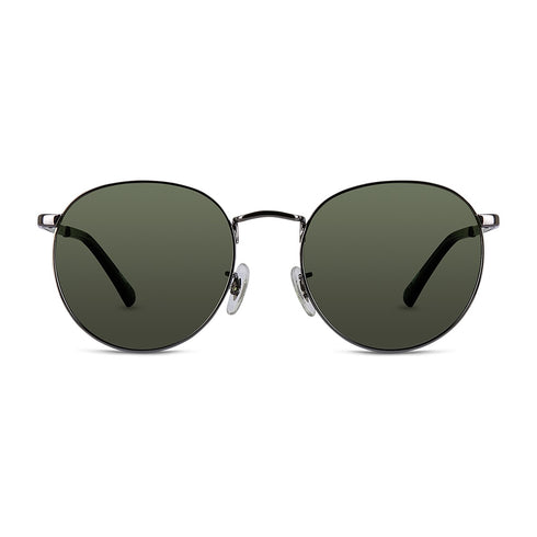 Wollumbin Bangalow unisex sunglasses, gunmetal frame with green polarised lens, front