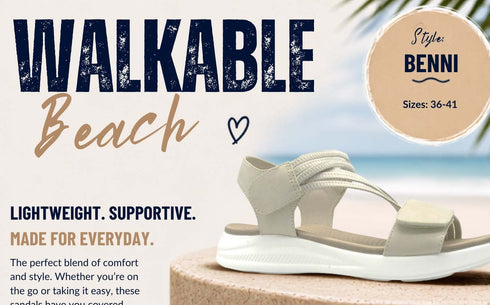 Walkable Beach Benni sandal: lightweight, cushioned footbed, stretch straps, secure fit