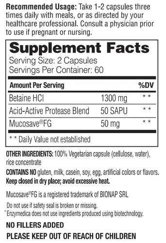 Image of Betaine HCL 120vcaps supplement facts