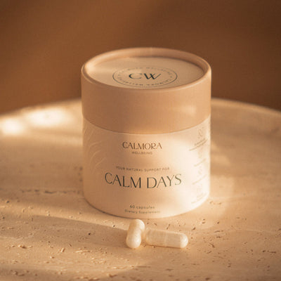 Calmora Wellbeing Calm Days 60 capsule tub with two capsules beside it