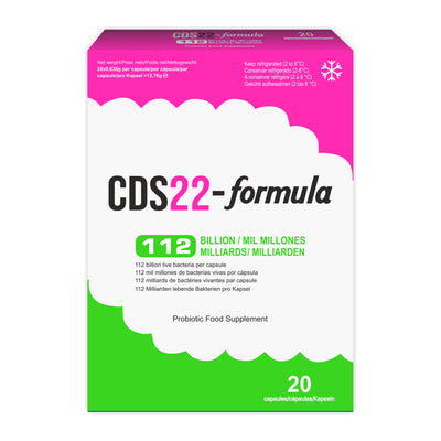 CDS22-formula 112 Billion probiotic capsules, front of the green and pink 20 capsule carton