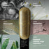 Capsule with botanical elements and text about Cel3 ingredients on a gray background