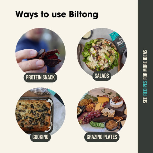 Ways to use Chief biltong: protein snack, salads, cooking and grazing plates