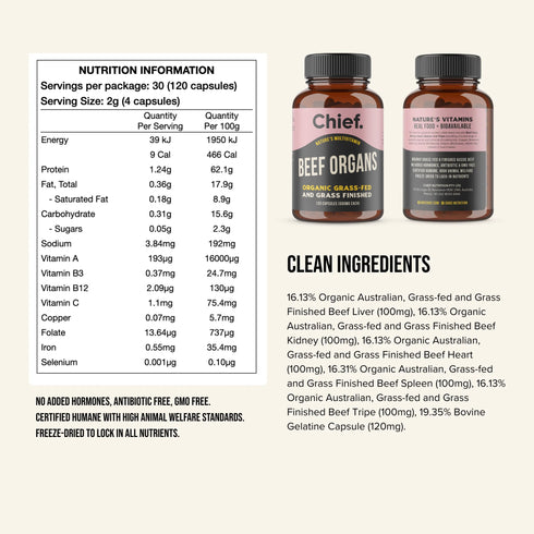 Chief Beef Organs nutrition information and ingredients per 4 capsules