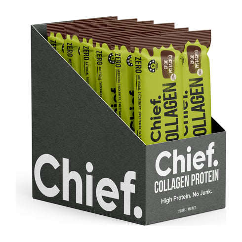 Chief Collagen Protein Bar Choc Pistachio, box of 12 x 45g