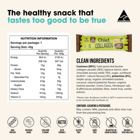 Chief Choc Pistachio collagen bar nutrition information, ingredients and allergens