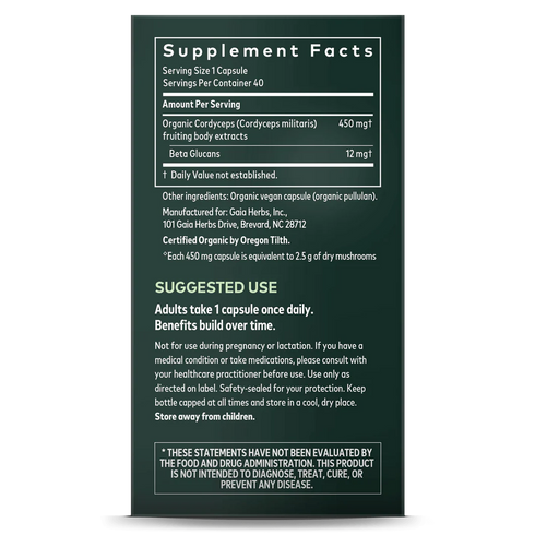 Image of Cordyceps Mushroom 40vcaps supplement facts