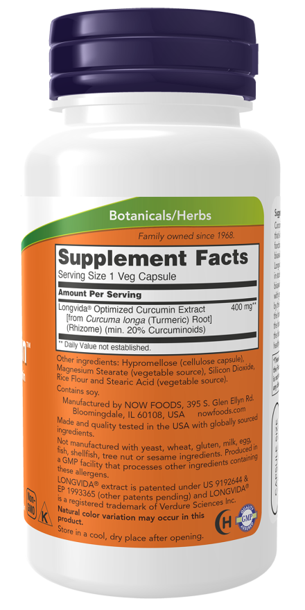 Image of CurcuBrain LONGVIDA 400mg 50vcaps supplement facts