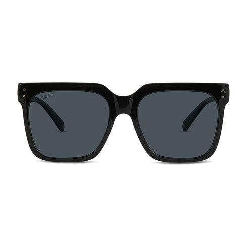 Wollumbin Currumbin women's sunglasses, black frame with smoke polarised lens, front