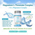 Magnesium L-Threonate Complex supplement bottle with water droplets and product details on a blue background
