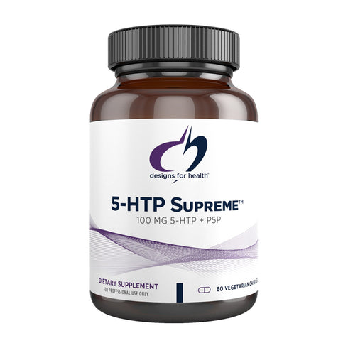 Designs For Health 5-HTP Supreme, 60 vegetarian capsules, amber bottle with white label, front of pack