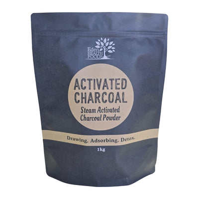 Eden Healthfoods Activated Charcoal steam activated charcoal powder, 1kg pouch, front of pack