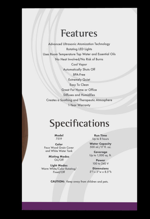 Image of Faux Wood Grain Ultrasonic Oil Diffuser features