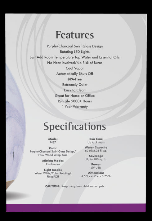 Image of Glass Swirl Ultrasonic USB Oil Diffuser features