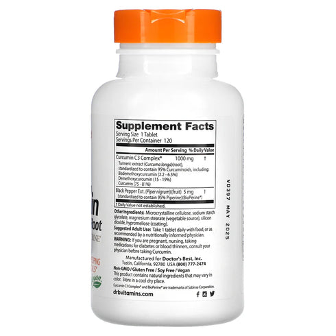 Image of High Absorption Curcumin C3 with BioPerine 1000mg 120caps supplement facts