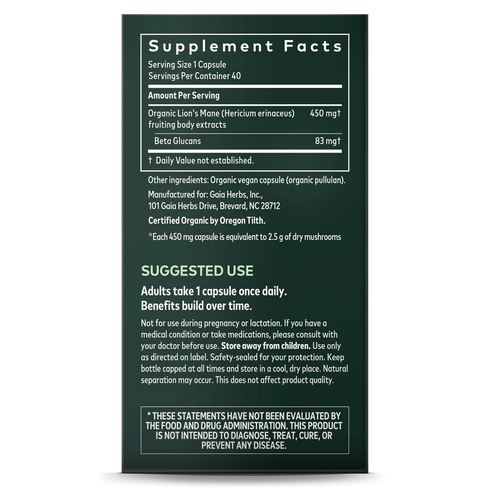 Image of Lion's Mane Mushroom 40vcaps supplement facts