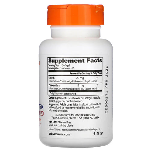 Image of Lutein with Lutemax (20mg) 60sgcaps supplement facts