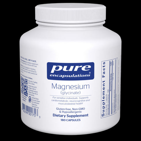 Front image showing white bottle of Pure Encapsulations Magnesium Glycinate 180 Capsules