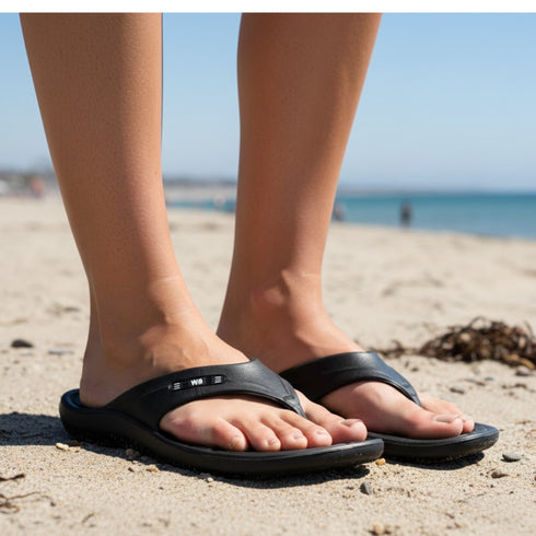 Walkable Beach Malibu black jandals worn on the beach