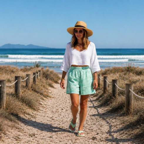 Woman walking a beach track in Walkable Beach Malibu pistachio jandals