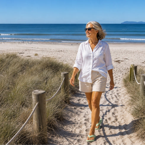 Walking the dunes in Walkable Beach Malibu pistachio jandals