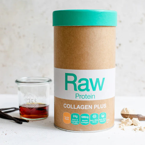 Image of Raw Collagen Plus - with Vanilla and Maple syrup in background